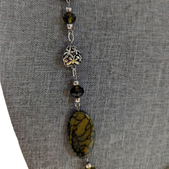 Artisan Stunning Green Spiderweb Agate Glass Beaded Crystals Long Boho Necklace - Picture 3 of 6